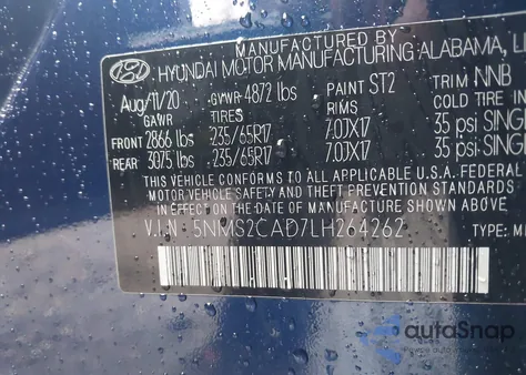 2020 Hyundai Santa Fe Se from USA, damaged, VIN 5NMS2CAD7LH264262